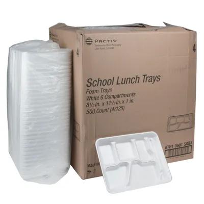 Cafeteria & School Lunch Tray 8.5X11.5X1.25 IN 6 Compartment Polystyrene Foam White 500/Case