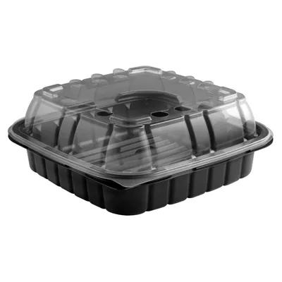 Take-Out Container Base & Lid Combo 32 OZ PP Black Clear Square Microwave Safe Anti-Fog 180/Case