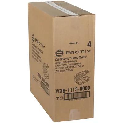 Take-Out Container Hinged Large (LG) 9.2X8.9X2.9 IN 3 Compartment OPS Clear Square 200/Case