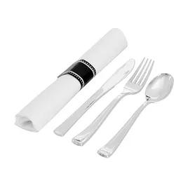 Silver Secrets 4PC Cutlery Kit Paper Plastic Silver With Napkin,Fork,Knife,Teaspoon 100/Case