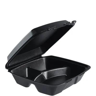 Dart® Performer® Take-Out Container Hinged Large (LG) 9X9X3 IN 3 Compartment Polystyrene Foam Black Insulated 200/Case