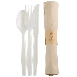 Conserveware 4PC Cutlery Kit CPLA White With Kraft Napkin,Fork,Spoon,Knife 100/Case