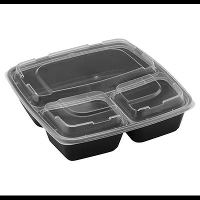 Bowl & Lid Combo With Polyethylene Terephthalate (PET) Dome Lid 48 OZ 3 Compartment PP Black Clear Square 100/Case