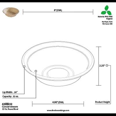 Conserveware Bowl 32 OZ Sugarcane 75 Count/Pack 4 Packs/Case 300 Count/Case