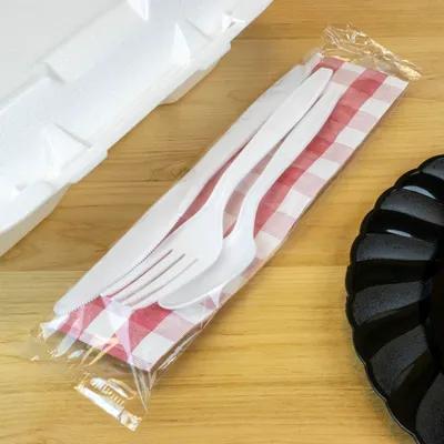 4PC Cutlery Kit White With Red Gingham Napkin,Knife,Fork,Spoon 250/Case