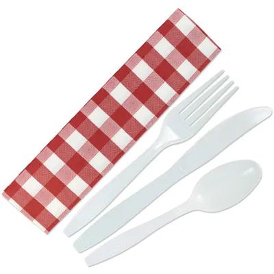 4PC Cutlery Kit White With Red Gingham Napkin,Knife,Fork,Spoon 250/Case