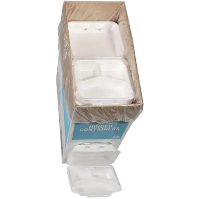 Take-Out Container Hinged With Dome Lid 8.3X8.4X3.1 IN 3 Compartment MFPP White Square 200/Case