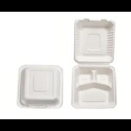 Take-Out Container Hinged 8X8X3 IN 3 Compartment Sugarcane White Square 200/Case