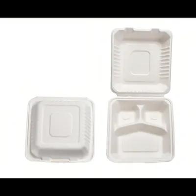 Take-Out Container Hinged 8X8X3 IN 3 Compartment Sugarcane White Square 200/Case