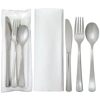 Victoria Bay 4PC Cutlery Kit Silver Heavy With Fork,Knife,Teaspoon,Linen Feel Napkin 100/Case