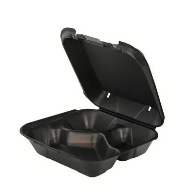 Snap-It Take-Out Container Hinged 8.25X8X3 IN 3 Compartment Foam Black Vented 200/Case