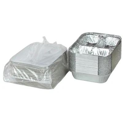 Take-Out Container Base & Lid Combo With Flat Lid 24 OZ 3 Compartment Aluminum White Silver Oblong 200/Case