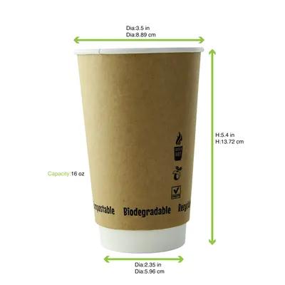 Cup Insulated 16 OZ Double Wall Poly-Coated Paper Kraft Round 25 Count/Pack 20 Packs/Case 500 Count/Case