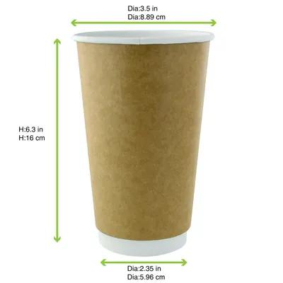Cup Insulated 20 OZ Double Wall Poly-Coated Paper Kraft Freezer Safe 25 Count/Pack 20 Packs/Case 500 Count/Case
