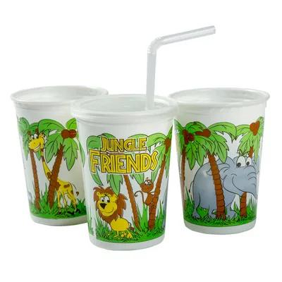 Cup, Lid & Straw Combo Kid With Flat Lid 12 OZ Plastic Multicolor Jungle 250 Count/Pack 1 Packs/Case 250 Count/Case