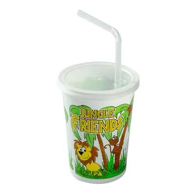 Cup, Lid & Straw Combo Kid With Flat Lid 12 OZ Plastic Multicolor Jungle 250 Count/Pack 1 Packs/Case 250 Count/Case