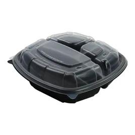 Take-Out Container Hinged With Dome Lid 9X9X1.86 IN 3 Compartment PP Black Clear Square 112/Case