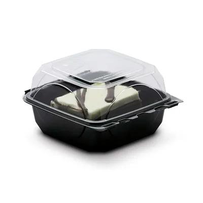 The BOTTLEBOX ® Take-Out Container Hinged With Dome Lid 6X6X3.25 IN RPET Black Clear Square Squat 250/Case