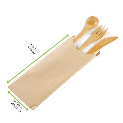 4PC Cutlery Kit 6.3 IN Bamboo Natural With Napkin,Knife,Fork,Spoon 50 Count/Pack 5 Packs/Case 250 Count/Case