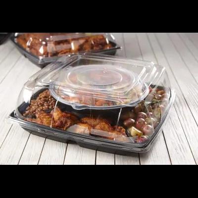 Take-Out Container Base & Lid Combo With Dome Lid 10 IN 4 Compartment PP Black Clear Round 25/Case
