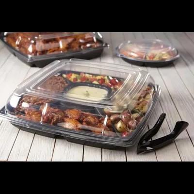 Serving Tray Base & Lid Combo With Dome Lid 14X14 IN 4 Compartment PET PP Black Clear Square 25/Case