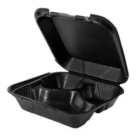 Take-Out Container Hinged Medium (MED) 8.25X8X3 IN 3 Compartment Polystyrene Foam Black Vented 200/Case