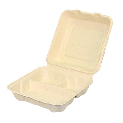 Greenware® Take-Out Container Hinged With Dome Lid 9.3X9.1X3.3 IN 3 Compartment Molded Fiber Natural Square 200/Case