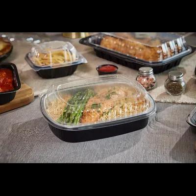 Take-Out Container Base & Lid Combo With Dome Lid Small (SM) 46 OZ Aluminum Plastic Black Silver Clear Oblong 50/Case