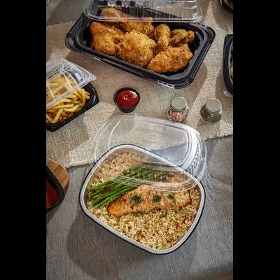 Take-Out Container Base & Lid Combo With Dome Lid Small (SM) 46 OZ Aluminum Plastic Black Silver Clear Oblong 50/Case