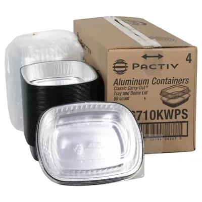 Take-Out Container Base & Lid Combo With Dome Lid Small (SM) 46 OZ Aluminum Plastic Black Silver Clear Oblong 50/Case