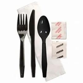 6PC Cutlery Kit Plastic Black With Napkin,Fork,Knife,Salt & Pepper,Teaspoon 250/Case
