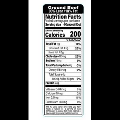 Ground Beef FDA 90/10 Label 1.5X4.125 IN Black White Rectangle Nutritional Facts 1000/Roll