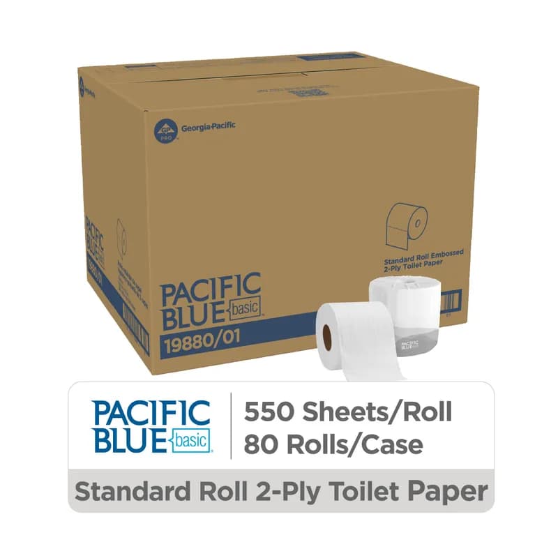 Pacific Blue Basic Toilet Paper & Tissue Roll 4X3.8 IN 2PLY White Embossed Standard EPA Indicator 550 Sheets/Roll