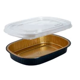 Take-Out Container Base & Lid Combo With Plastic Dome Lid Medium (MED) 52 OZ Aluminum Black Gold Full Curl 50/Case