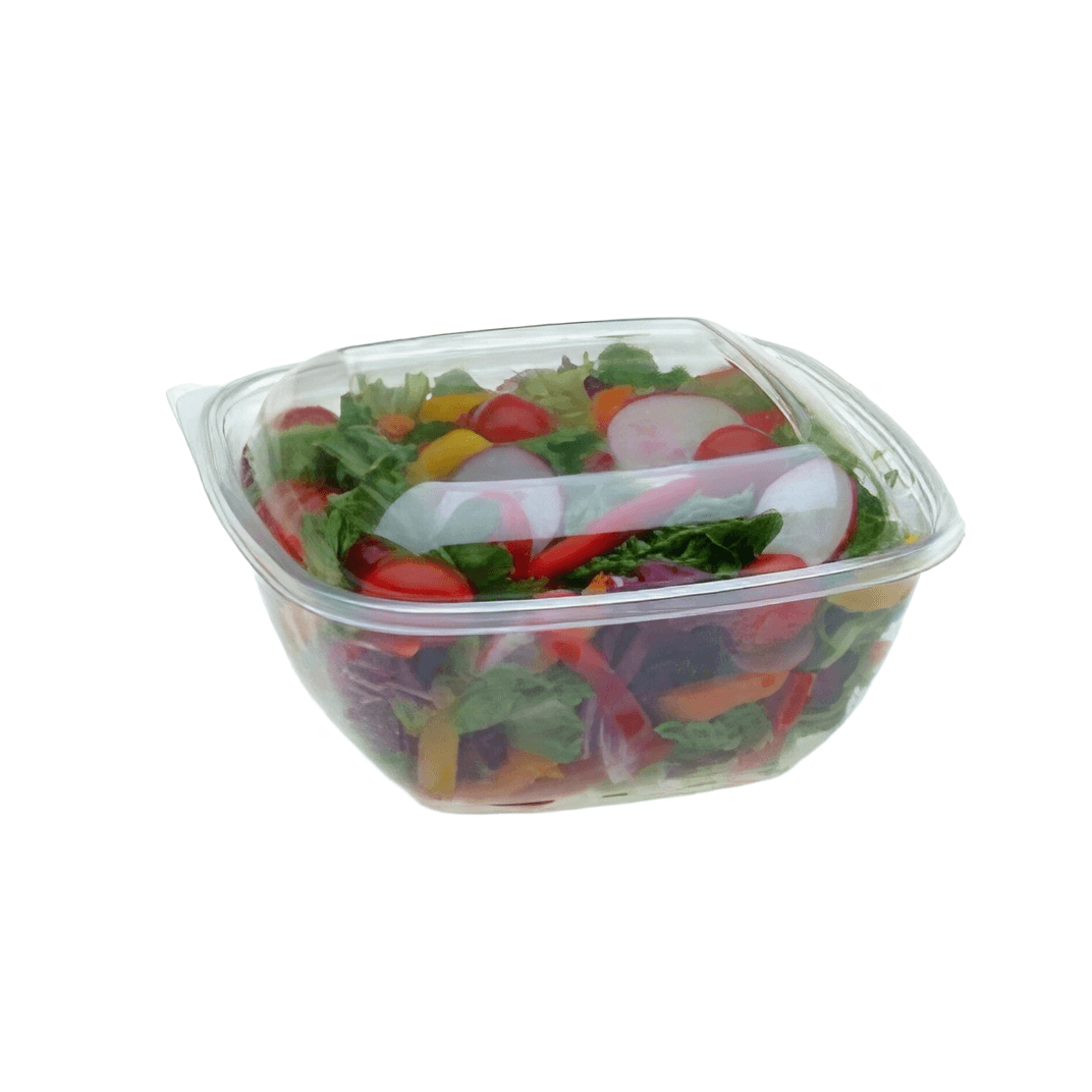 Bowl & Lid Combo With Dome Lid Medium (MED) 32 OZ PET Clear Square With Spork Hinged 150/Case