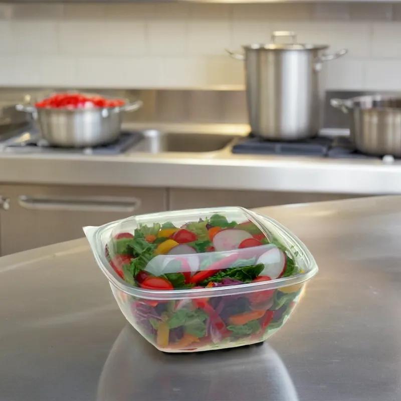 Bowl & Lid Combo With Dome Lid Medium (MED) 32 OZ PET Clear Square With Spork Hinged 150/Case