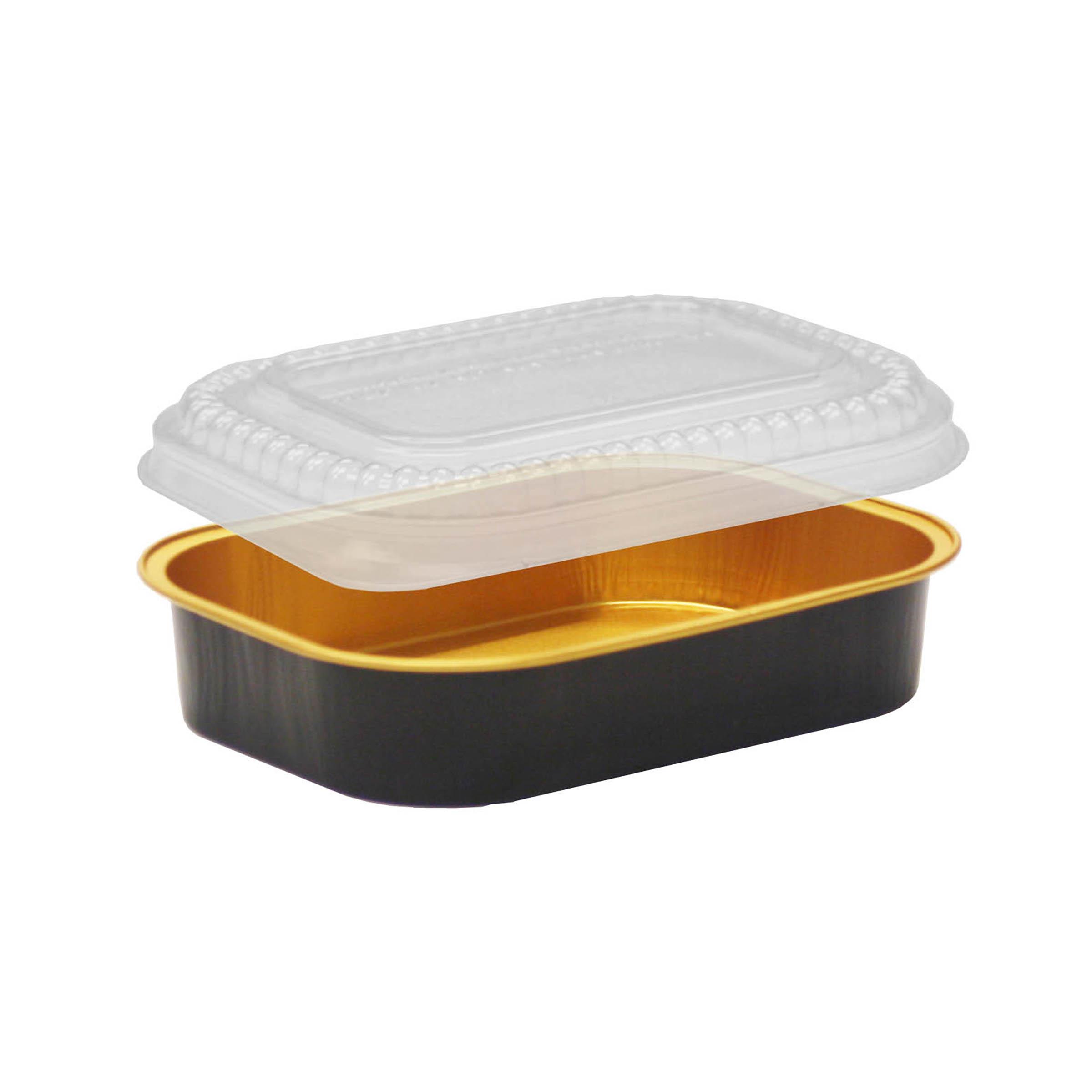Take-Out Container Base & Lid Combo 16 OZ Aluminum Plastic Black Gold Oval 100/Case