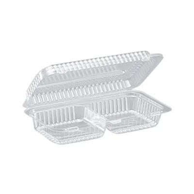Essentials Take-Out Container Hinged With Dome Lid 4X4X2 IN 2 Compartment RPET Clear Rectangle 300/Case