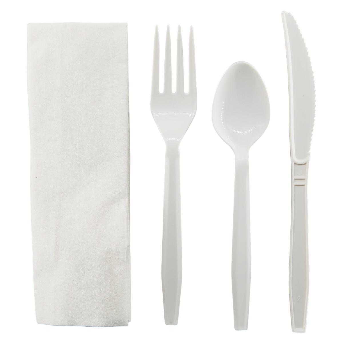 WNA 4PC Cutlery Kit White Heavy Duty With Napkin,Fork,Knife,Teaspoon 250/Case