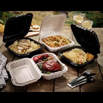 Take-Out Container Hinged With Dome Lid 8.3X8.4X3.1 IN 3 Compartment MFPP White Square 200/Case
