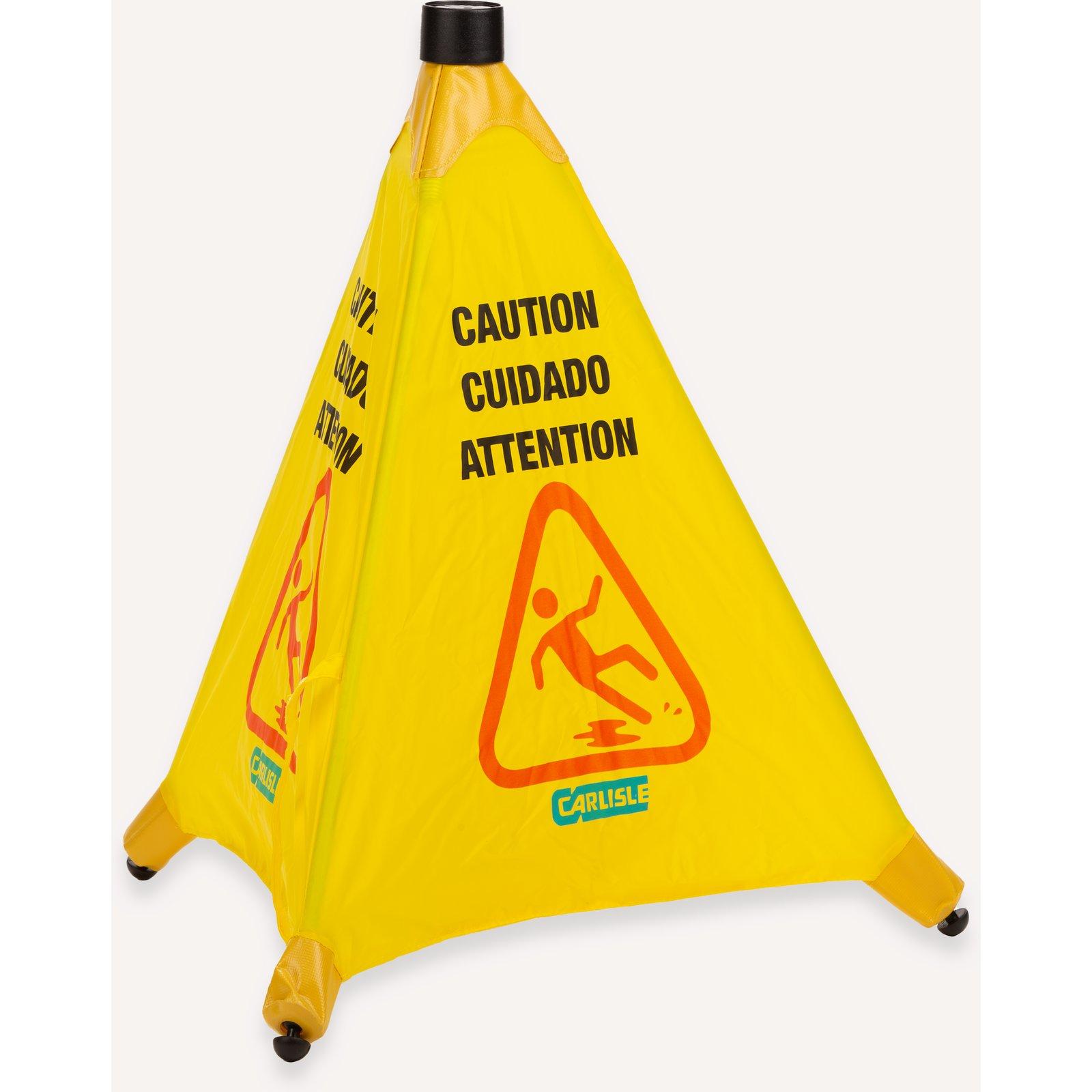 Carlisle Foodservice Products® Wet Floor Sign 20 IN Yellow Black Cone Nylon Trilingual 1/Each