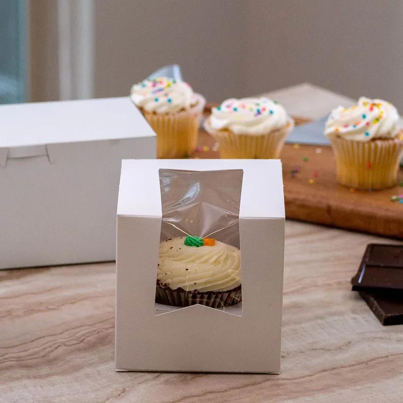 Cupcake Box 4X4X4 IN SBS Paperboard White Square Lock Corner Tuck Top With Window 200/Case