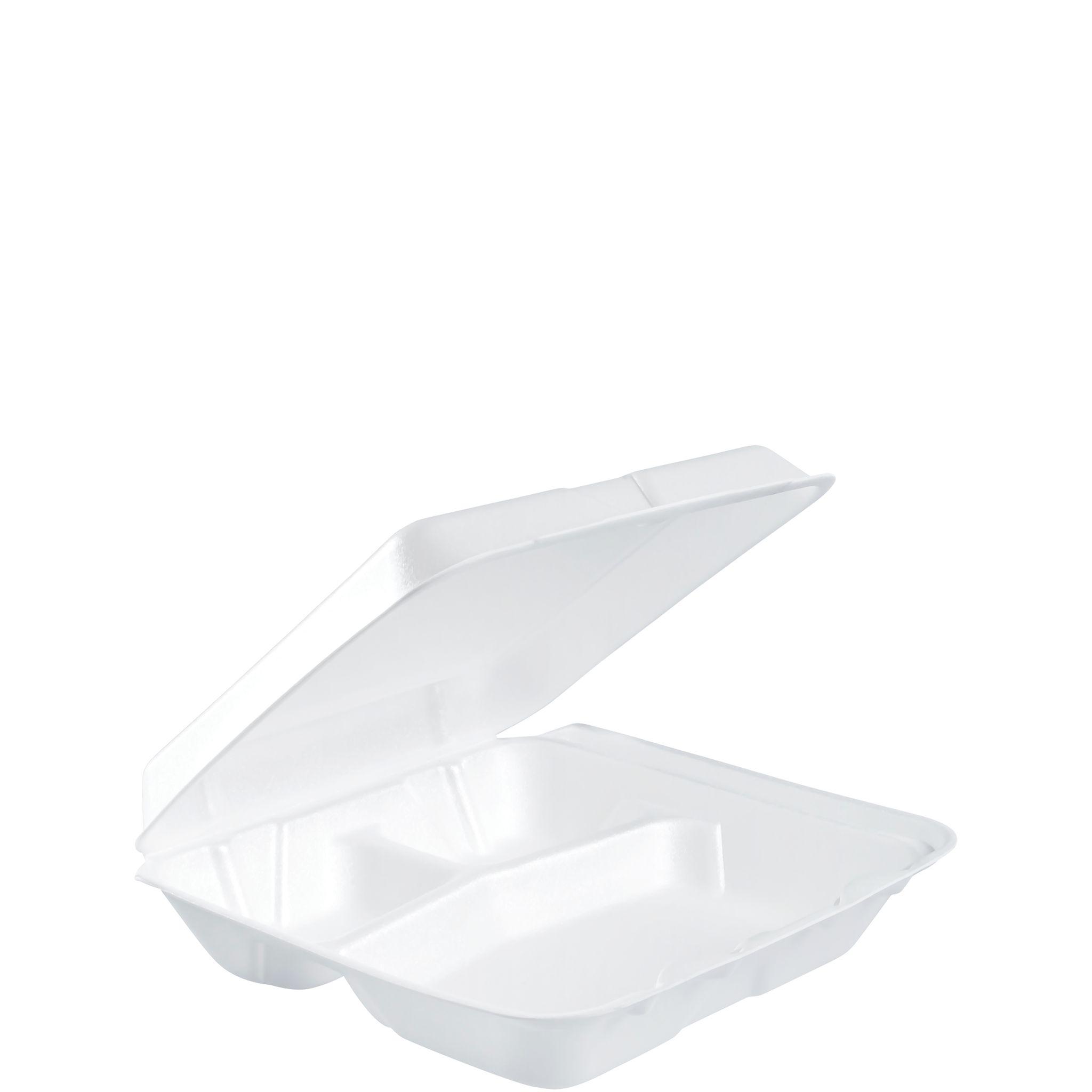 Dart® Take-Out Container Hinged Small (SM) 8X7.5X2.2 IN 3 Compartment XPS White Insulated 100 Count/Pack 2 Packs/Case