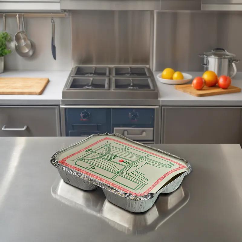 Take-Out Container Base & Lid Combo With Dome Lid 3 Compartment Aluminum Plastic Silver Oblong 250/Case