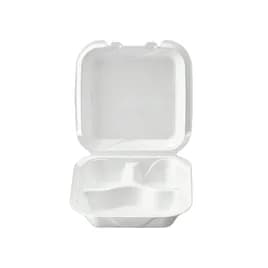 Take-Out Container Hinged Medium (MED) 8X8X3 IN 3 Compartment Polystyrene Foam White Square 200/Case