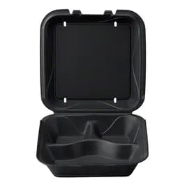 Take-Out Container Hinged With Dome Lid 9.18X9.18X3 IN 3 Compartment Polystyrene Foam Black Square 200/Case