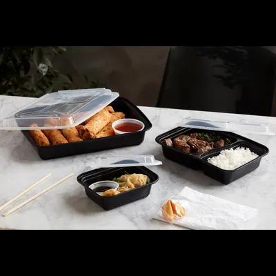 Take-Out Container Base & Lid Combo With Dome Lid 58 OZ PP Black Clear Oblong 150/Case