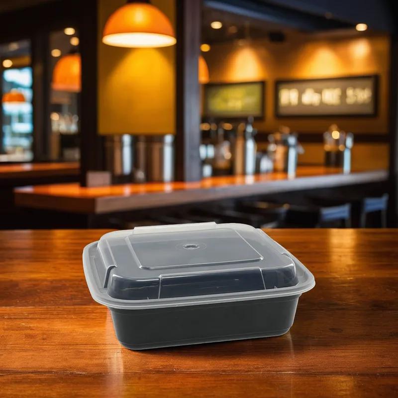 Take-Out Container Base & Lid Combo With Dome Lid 26 OZ PP Black Clear Square 150/Case