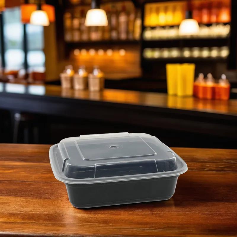 Take-Out Container Base & Lid Combo With Dome Lid 26 OZ PP Black Clear Square 150/Case