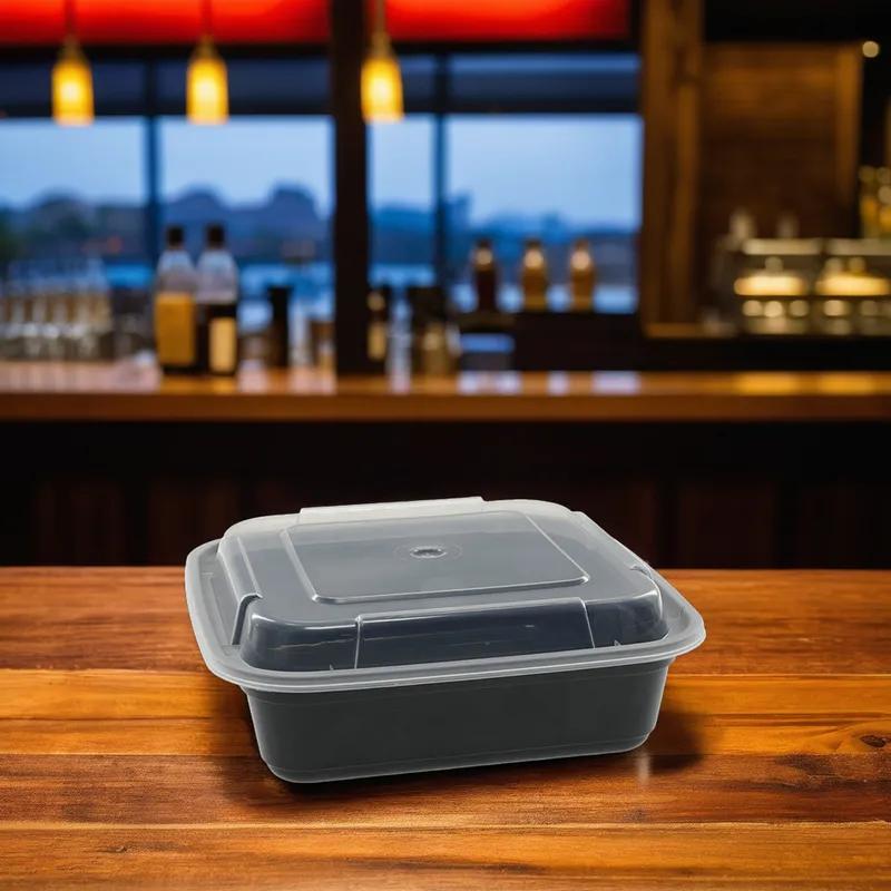 Take-Out Container Base & Lid Combo With Dome Lid 26 OZ PP Black Clear Square 150/Case